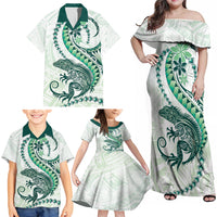 Green Maori Tuatara Family Matching Off Shoulder Maxi Dress and Hawaiian Shirt Luxury Pastel Pattern LT01 - Polynesian Pride