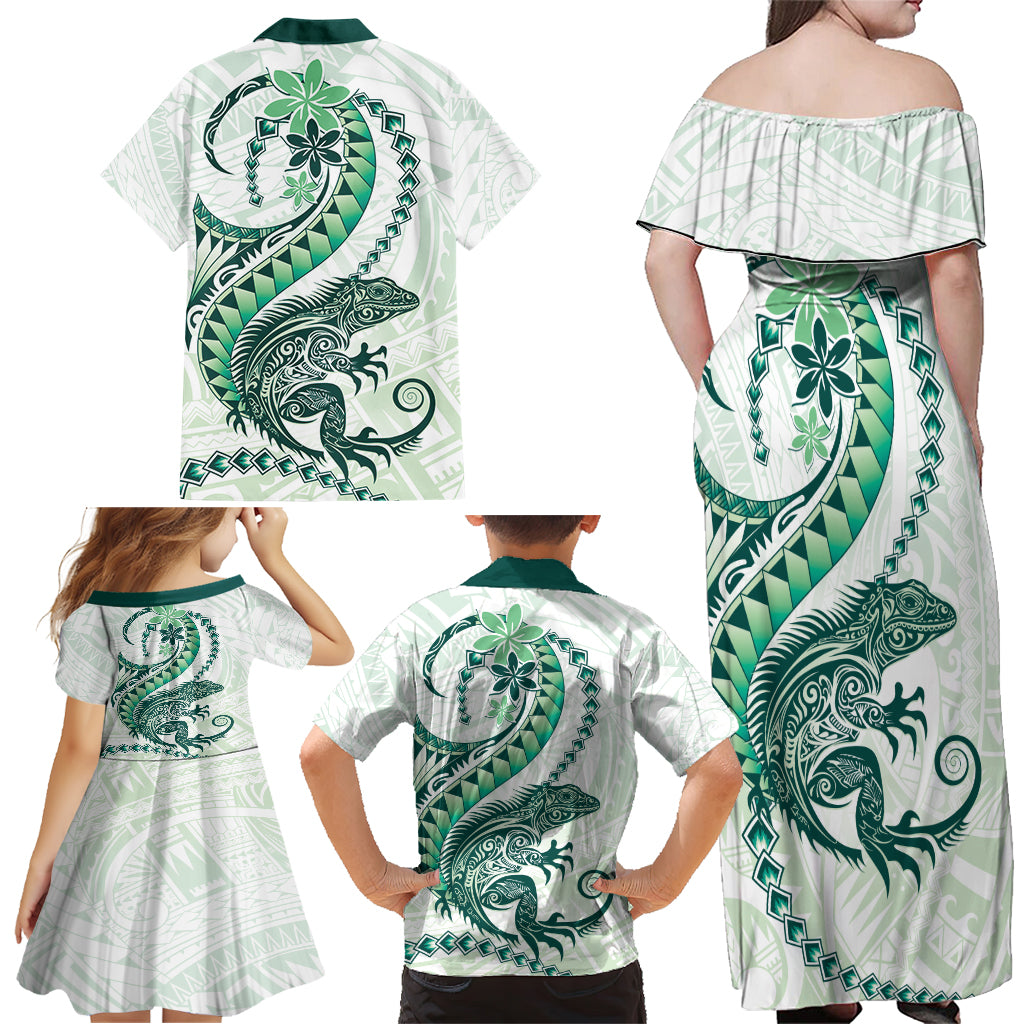 Green Maori Tuatara Family Matching Off Shoulder Maxi Dress and Hawaiian Shirt Luxury Pastel Pattern LT01 - Polynesian Pride