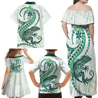 Green Maori Tuatara Family Matching Off Shoulder Maxi Dress and Hawaiian Shirt Luxury Pastel Pattern LT01 - Polynesian Pride
