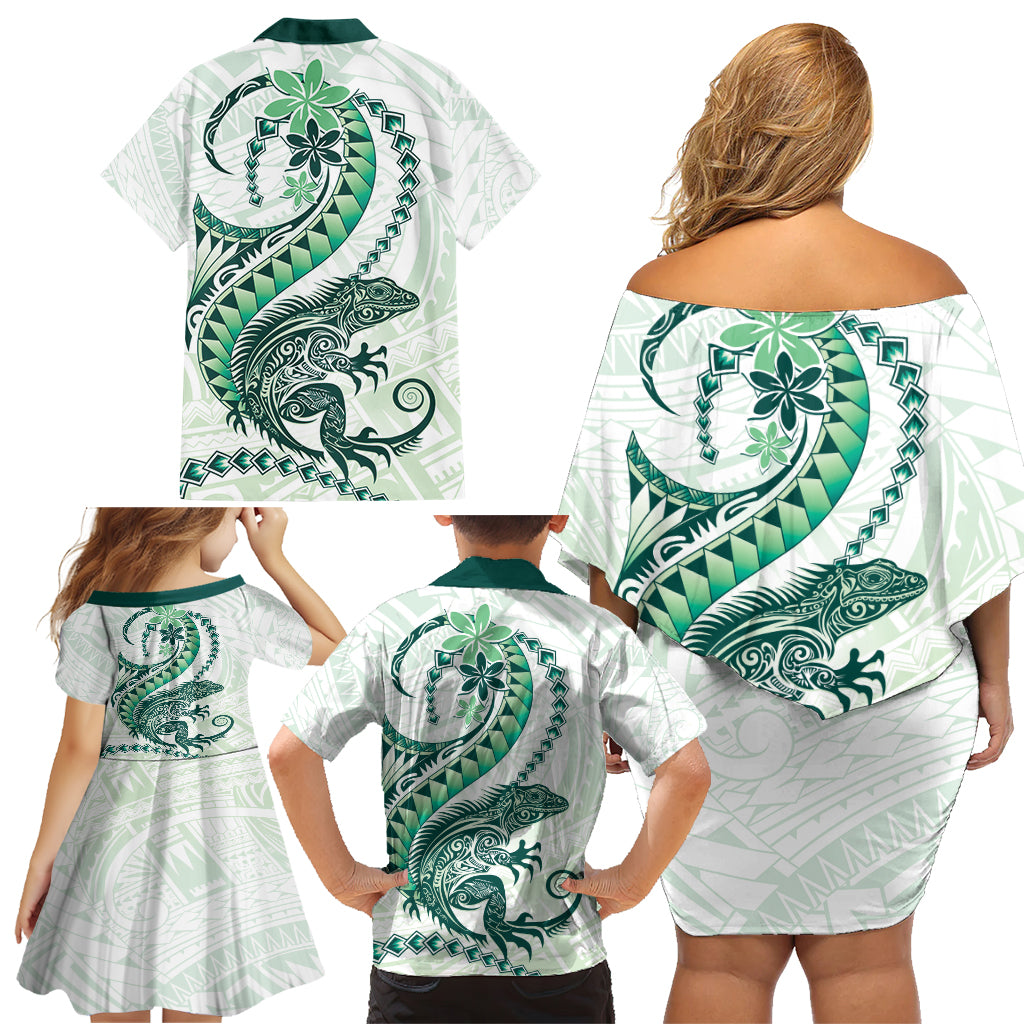 Green Maori Tuatara Family Matching Off Shoulder Short Dress and Hawaiian Shirt Luxury Pastel Pattern LT01 - Polynesian Pride
