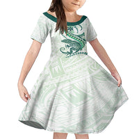 Green Maori Tuatara Family Matching Short Sleeve Bodycon Dress and Hawaiian Shirt Luxury Pastel Pattern LT01 Daughter's Dress Green - Polynesian Pride