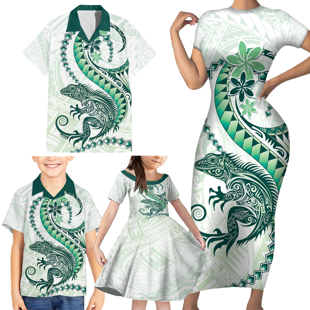 Green Maori Tuatara Family Matching Short Sleeve Bodycon Dress and Hawaiian Shirt Luxury Pastel Pattern LT01 - Polynesian Pride