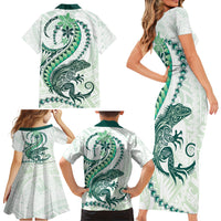 Green Maori Tuatara Family Matching Short Sleeve Bodycon Dress and Hawaiian Shirt Luxury Pastel Pattern LT01 - Polynesian Pride