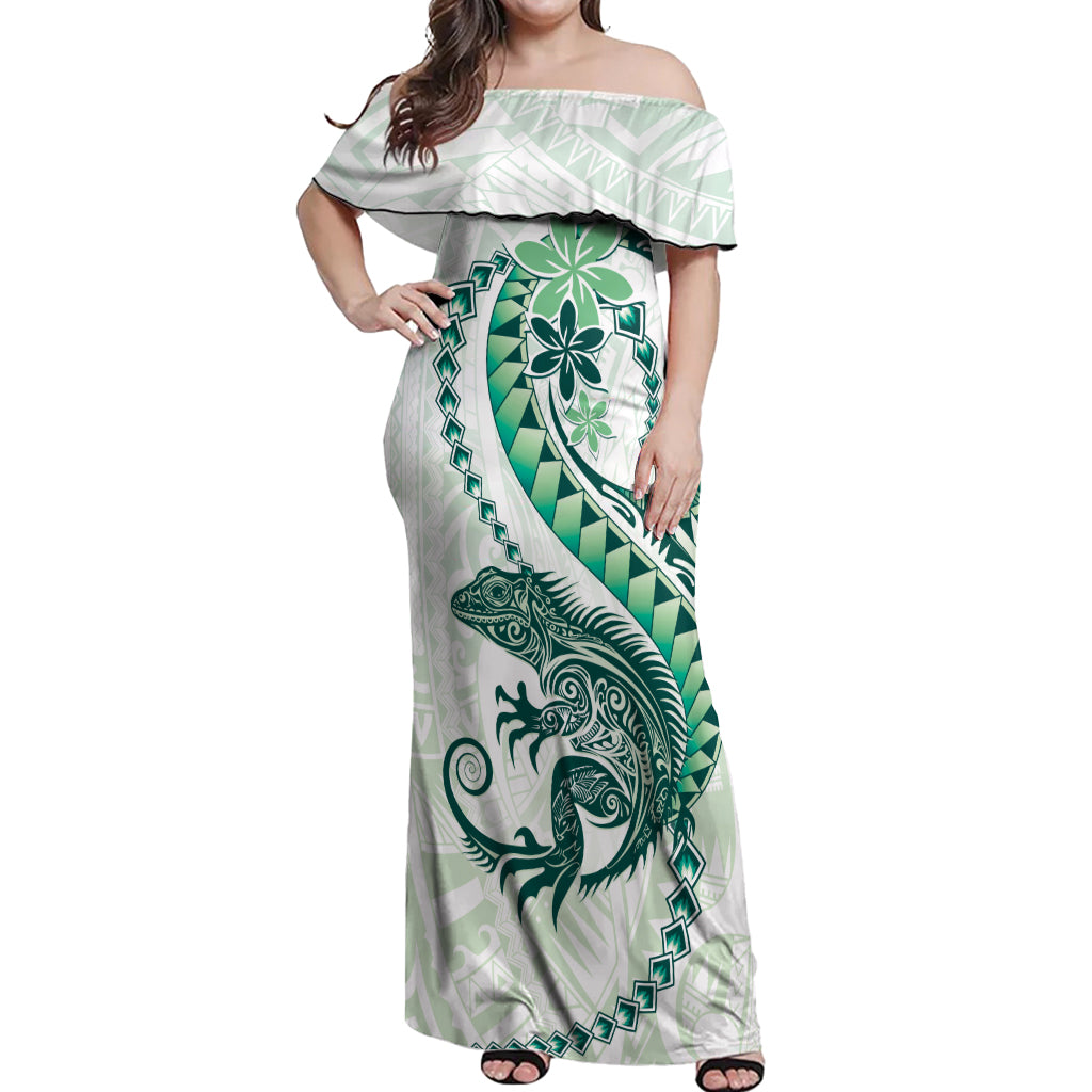Green Maori Tuatara Off Shoulder Maxi Dress Luxury Pastel Pattern LT01 Women Green - Polynesian Pride