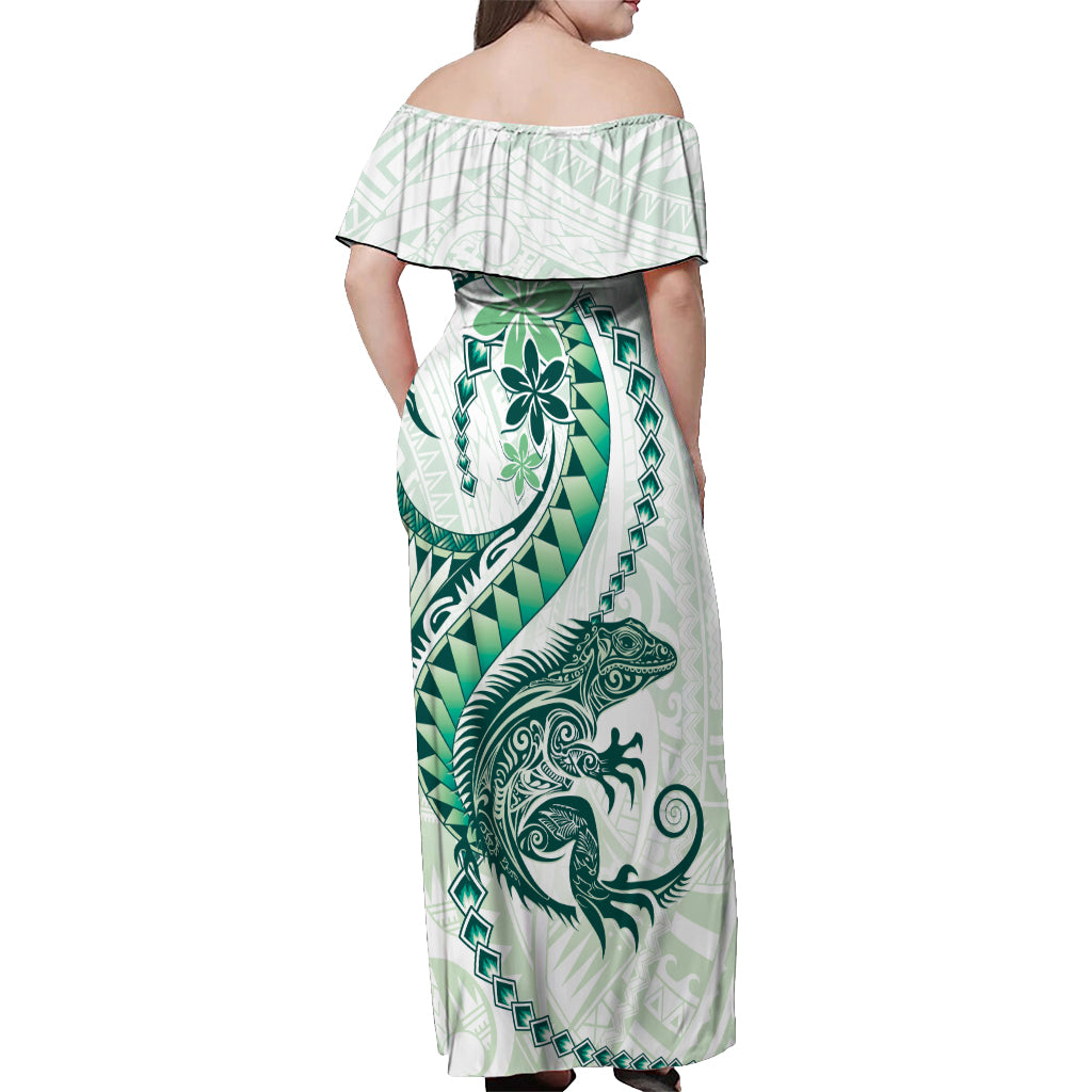 Green Maori Tuatara Off Shoulder Maxi Dress Luxury Pastel Pattern LT01 - Polynesian Pride