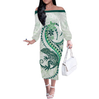Green Maori Tuatara Off The Shoulder Long Sleeve Dress Luxury Pastel Pattern