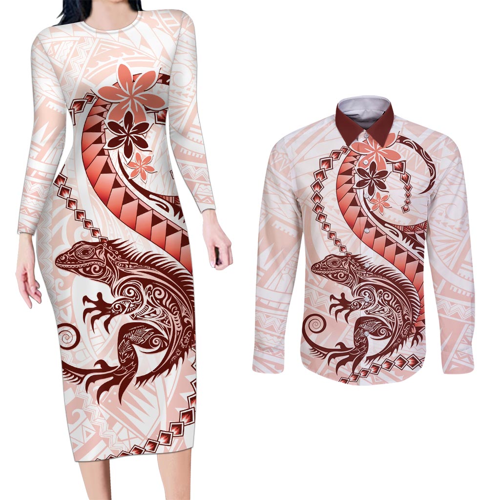 Red Maori Tuatara Couples Matching Long Sleeve Bodycon Dress and Long Sleeve Button Shirt Luxury Pastel Pattern LT01 Red - Polynesian Pride