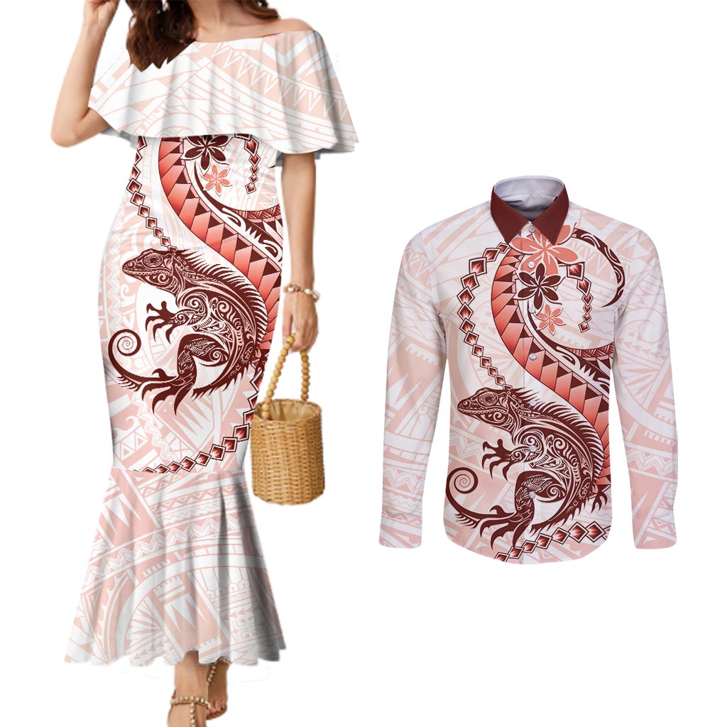 Red Maori Tuatara Couples Matching Mermaid Dress and Long Sleeve Button Shirt Luxury Pastel Pattern LT01 Red - Polynesian Pride