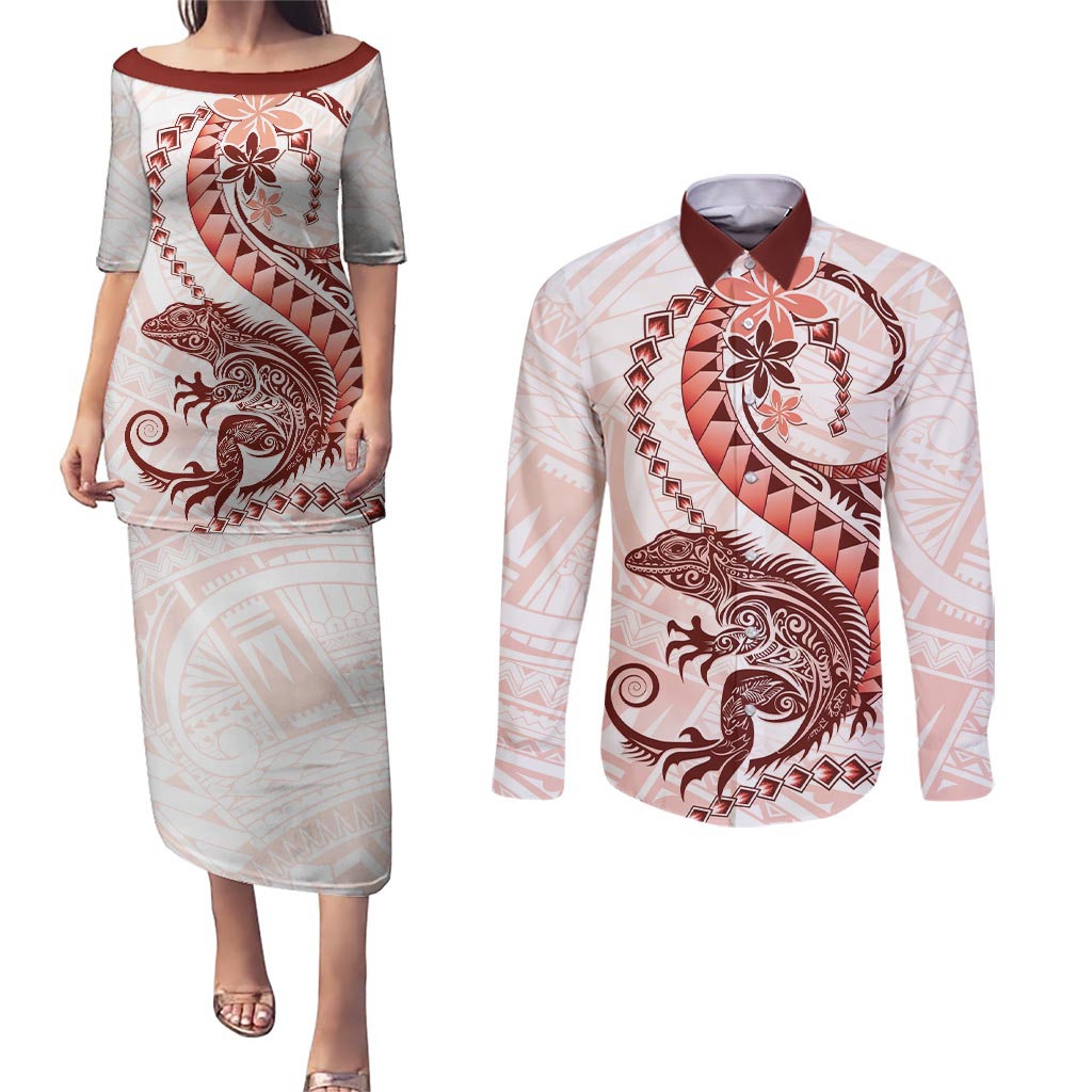 Red Maori Tuatara Couples Matching Puletasi and Long Sleeve Button Shirt Luxury Pastel Pattern LT01 Red - Polynesian Pride