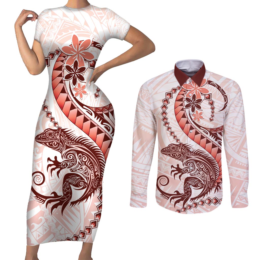 Red Maori Tuatara Couples Matching Short Sleeve Bodycon Dress and Long Sleeve Button Shirt Luxury Pastel Pattern LT01 Red - Polynesian Pride