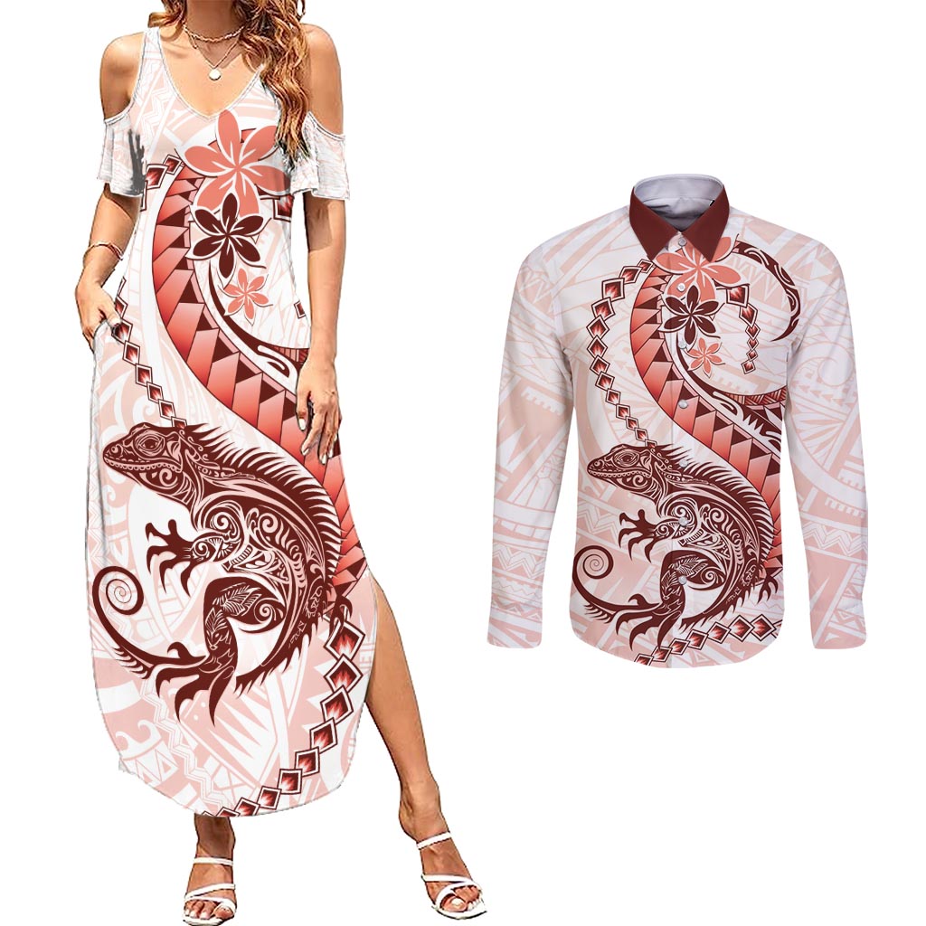 Red Maori Tuatara Couples Matching Summer Maxi Dress and Long Sleeve Button Shirt Luxury Pastel Pattern LT01 Red - Polynesian Pride