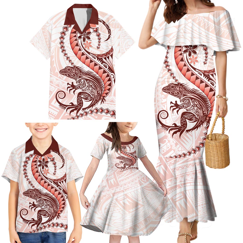 Red Maori Tuatara Family Matching Mermaid Dress and Hawaiian Shirt Luxury Pastel Pattern LT01 - Polynesian Pride