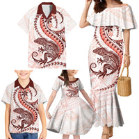 Red Maori Tuatara Family Matching Mermaid Dress and Hawaiian Shirt Luxury Pastel Pattern LT01 - Polynesian Pride