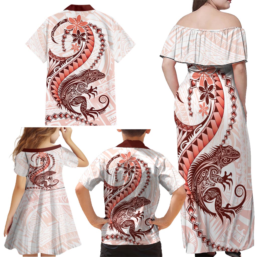 Red Maori Tuatara Family Matching Off Shoulder Maxi Dress and Hawaiian Shirt Luxury Pastel Pattern LT01 - Polynesian Pride