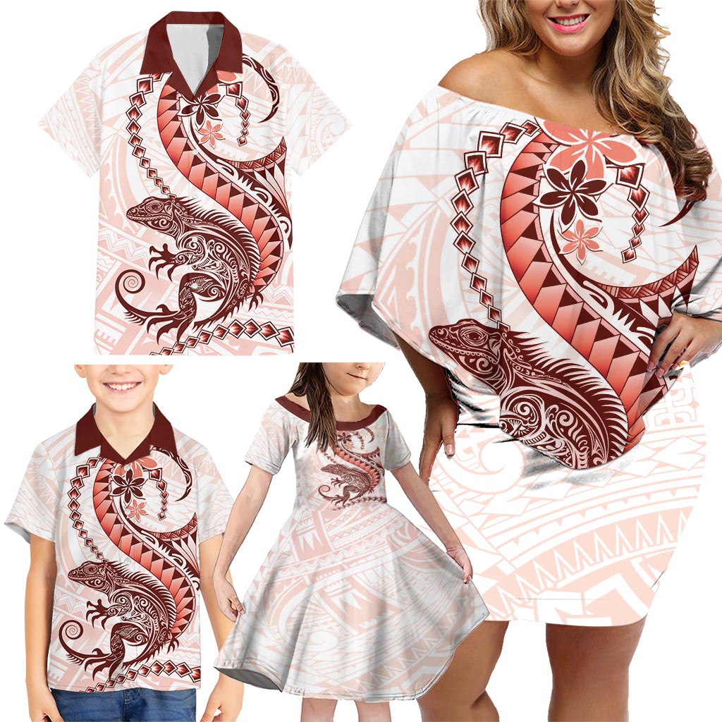 Red Maori Tuatara Family Matching Off Shoulder Short Dress and Hawaiian Shirt Luxury Pastel Pattern LT01 - Polynesian Pride