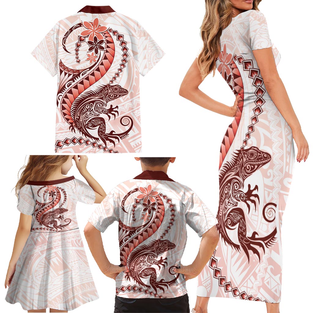 Red Maori Tuatara Family Matching Short Sleeve Bodycon Dress and Hawaiian Shirt Luxury Pastel Pattern LT01 - Polynesian Pride