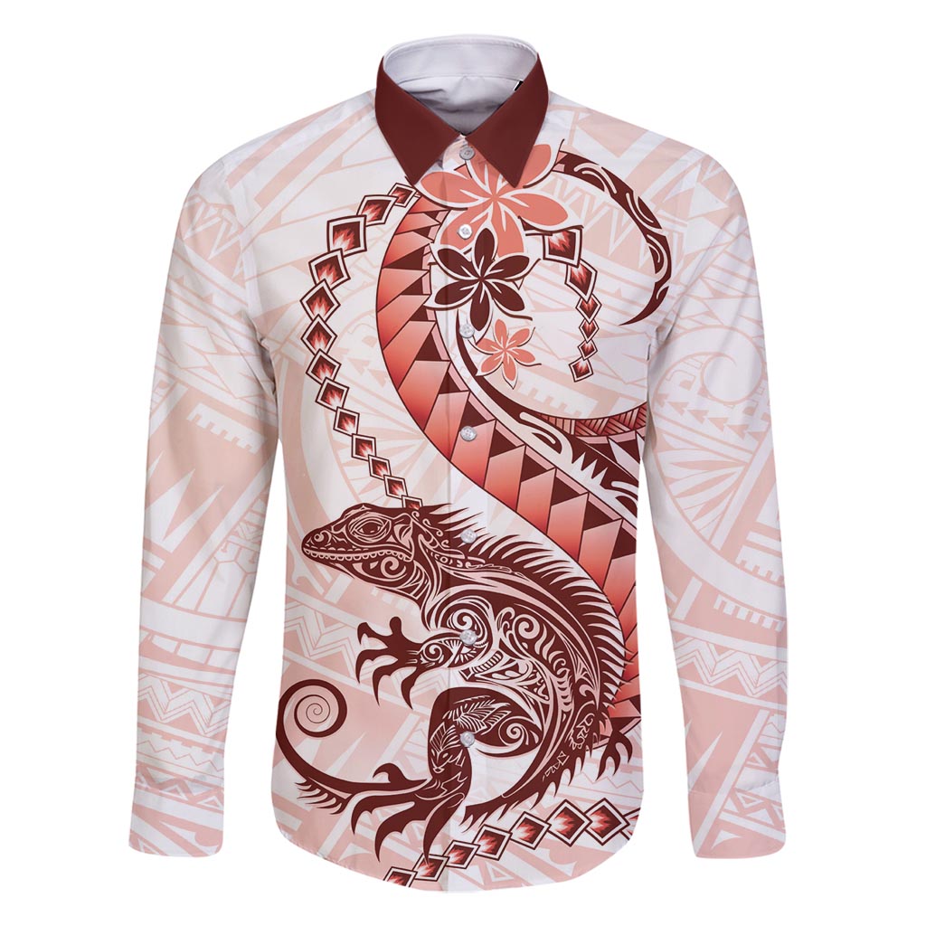 Red Maori Tuatara Family Matching Summer Maxi Dress and Hawaiian Shirt Luxury Pastel Pattern LT01 Dad's Shirt - Long Sleeve Red - Polynesian Pride