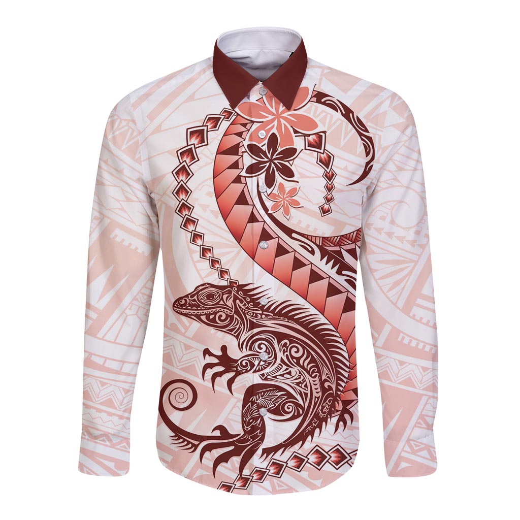 Red Maori Tuatara Long Sleeve Button Shirt Luxury Pastel Pattern