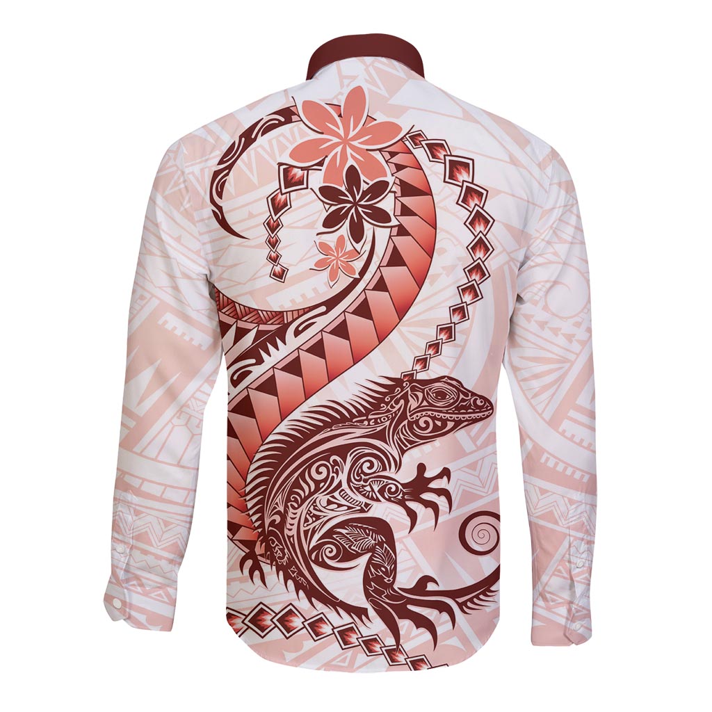 Red Maori Tuatara Long Sleeve Button Shirt Luxury Pastel Pattern