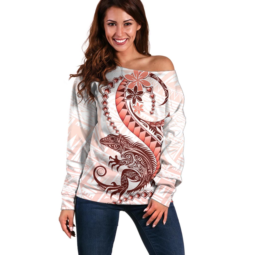Red Maori Tuatara Off Shoulder Sweater Luxury Pastel Pattern