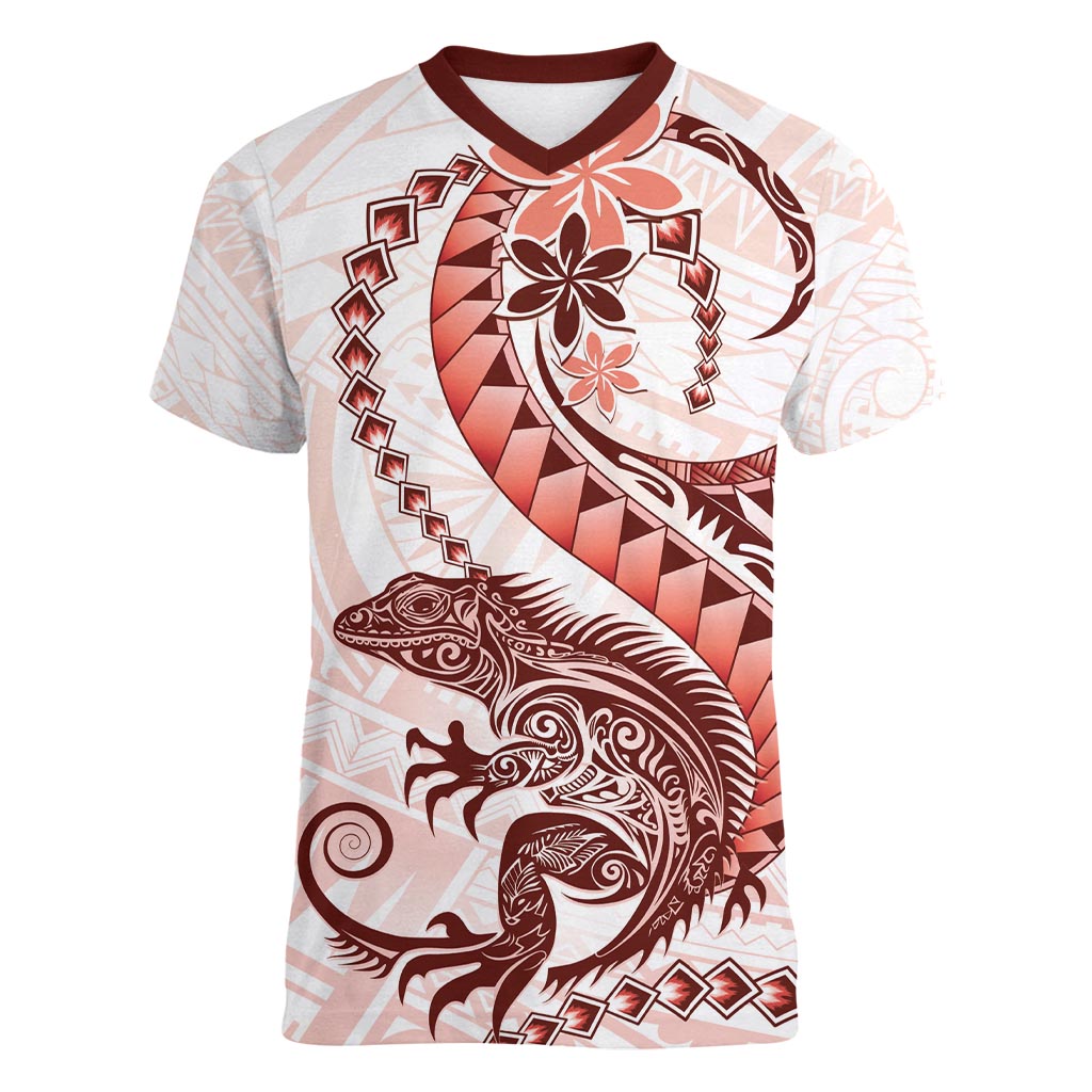 Red Maori Tuatara Women V-Neck T-Shirt Luxury Pastel Pattern LT01 Female Red - Polynesian Pride
