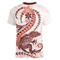 Red Maori Tuatara Women V-Neck T-Shirt Luxury Pastel Pattern LT01 - Polynesian Pride