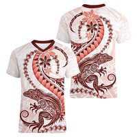 Red Maori Tuatara Women V-Neck T-Shirt Luxury Pastel Pattern LT01 - Polynesian Pride