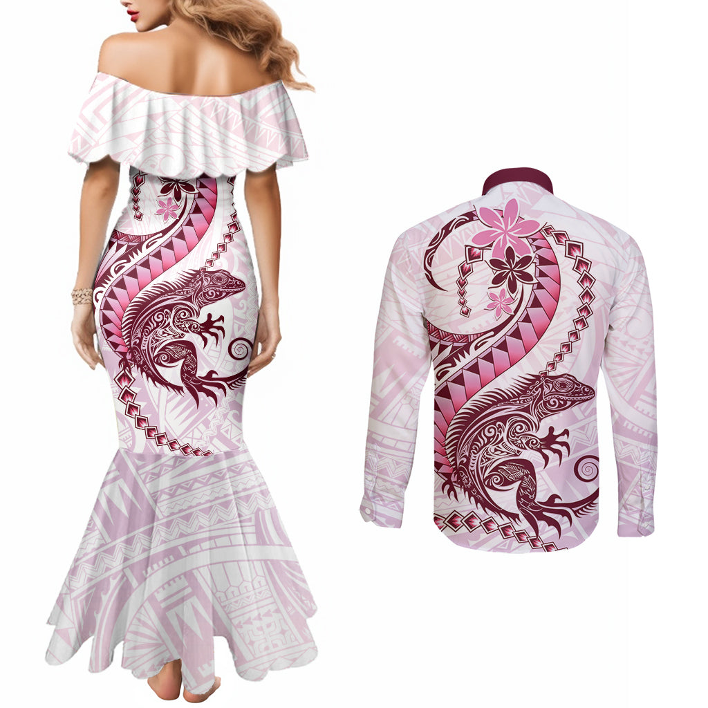 Pink Maori Tuatara Couples Matching Mermaid Dress and Long Sleeve Button Shirt Luxury Pastel Pattern