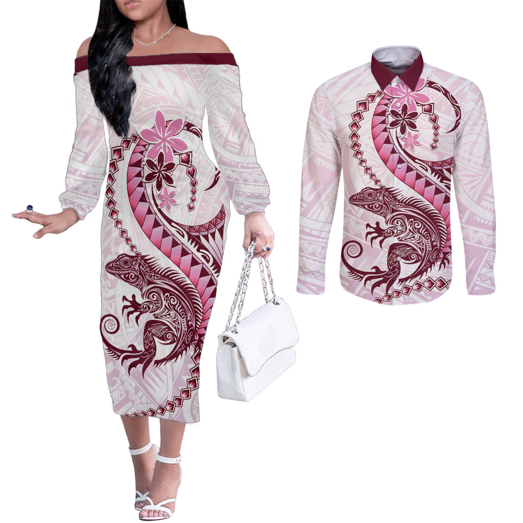 Pink Maori Tuatara Couples Matching Off The Shoulder Long Sleeve Dress and Long Sleeve Button Shirt Luxury Pastel Pattern LT01 Pink - Polynesian Pride