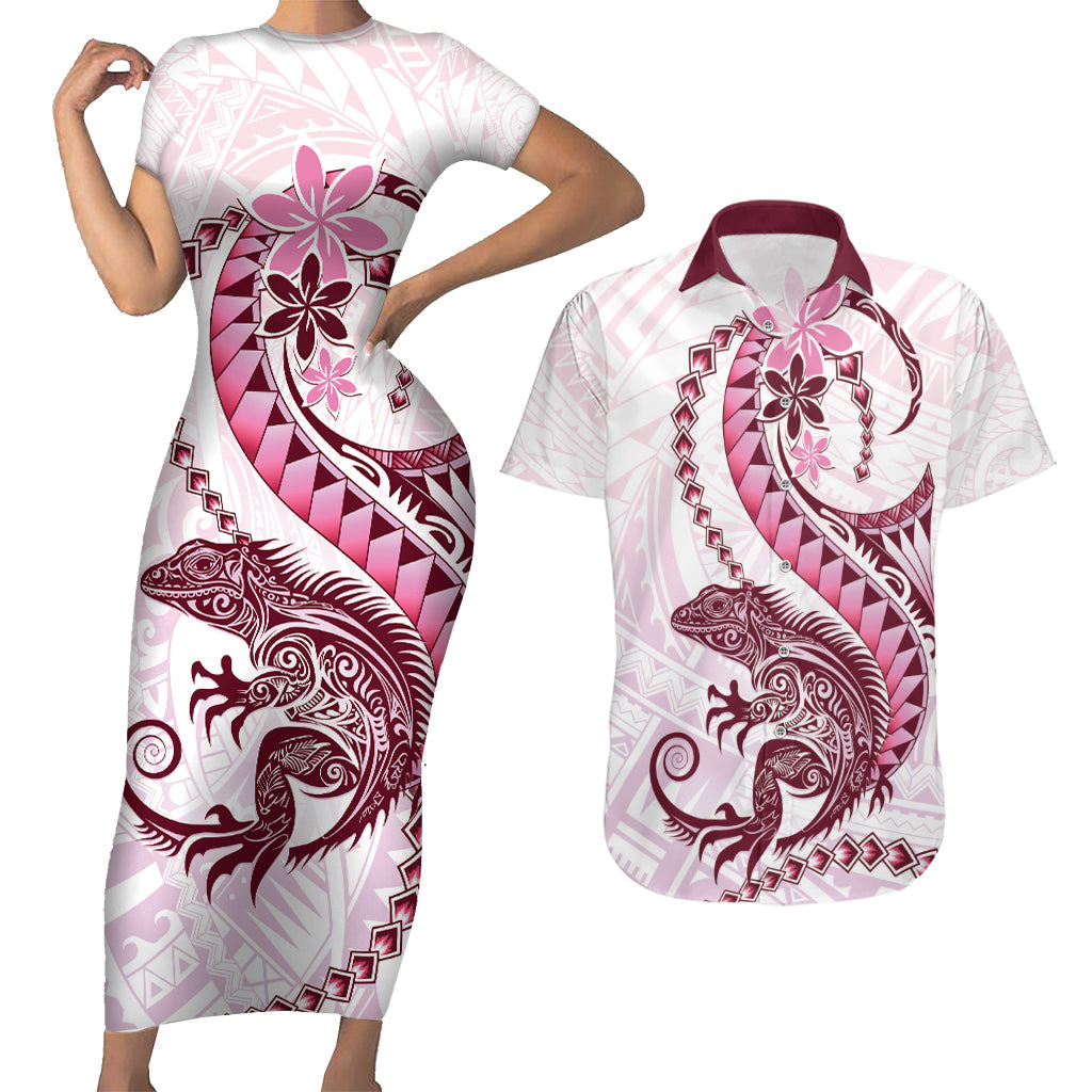 Pink Maori Tuatara Couples Matching Short Sleeve Bodycon Dress and Hawaiian Shirt Luxury Pastel Pattern