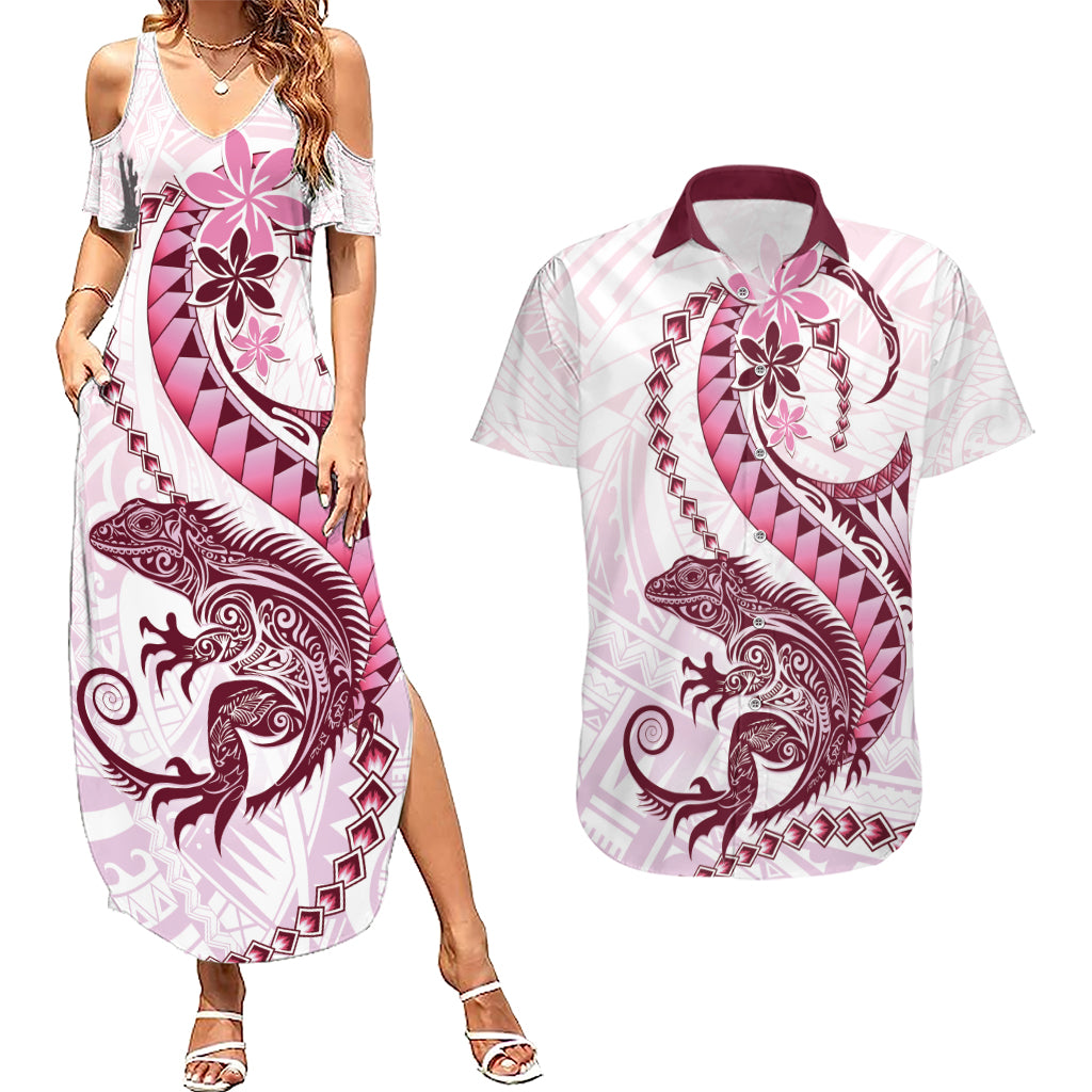 Pink Maori Tuatara Couples Matching Summer Maxi Dress and Hawaiian Shirt Luxury Pastel Pattern