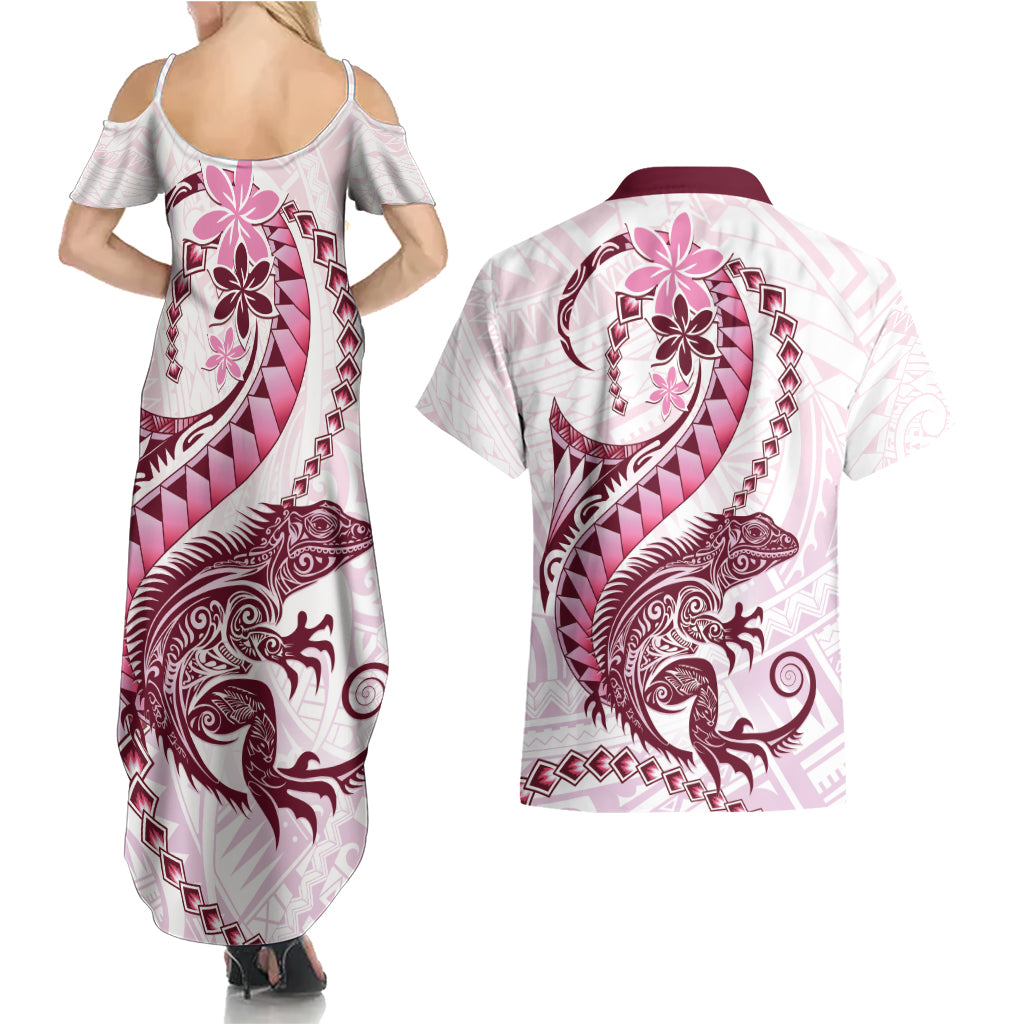 Pink Maori Tuatara Couples Matching Summer Maxi Dress and Hawaiian Shirt Luxury Pastel Pattern