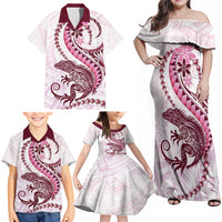 Pink Maori Tuatara Family Matching Off Shoulder Maxi Dress and Hawaiian Shirt Luxury Pastel Pattern LT01 - Polynesian Pride