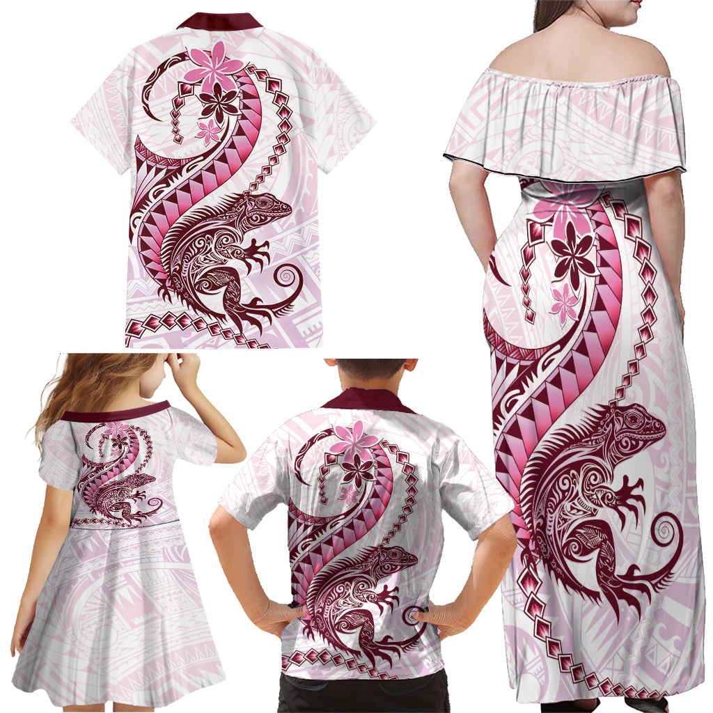 Pink Maori Tuatara Family Matching Off Shoulder Maxi Dress and Hawaiian Shirt Luxury Pastel Pattern LT01 - Polynesian Pride