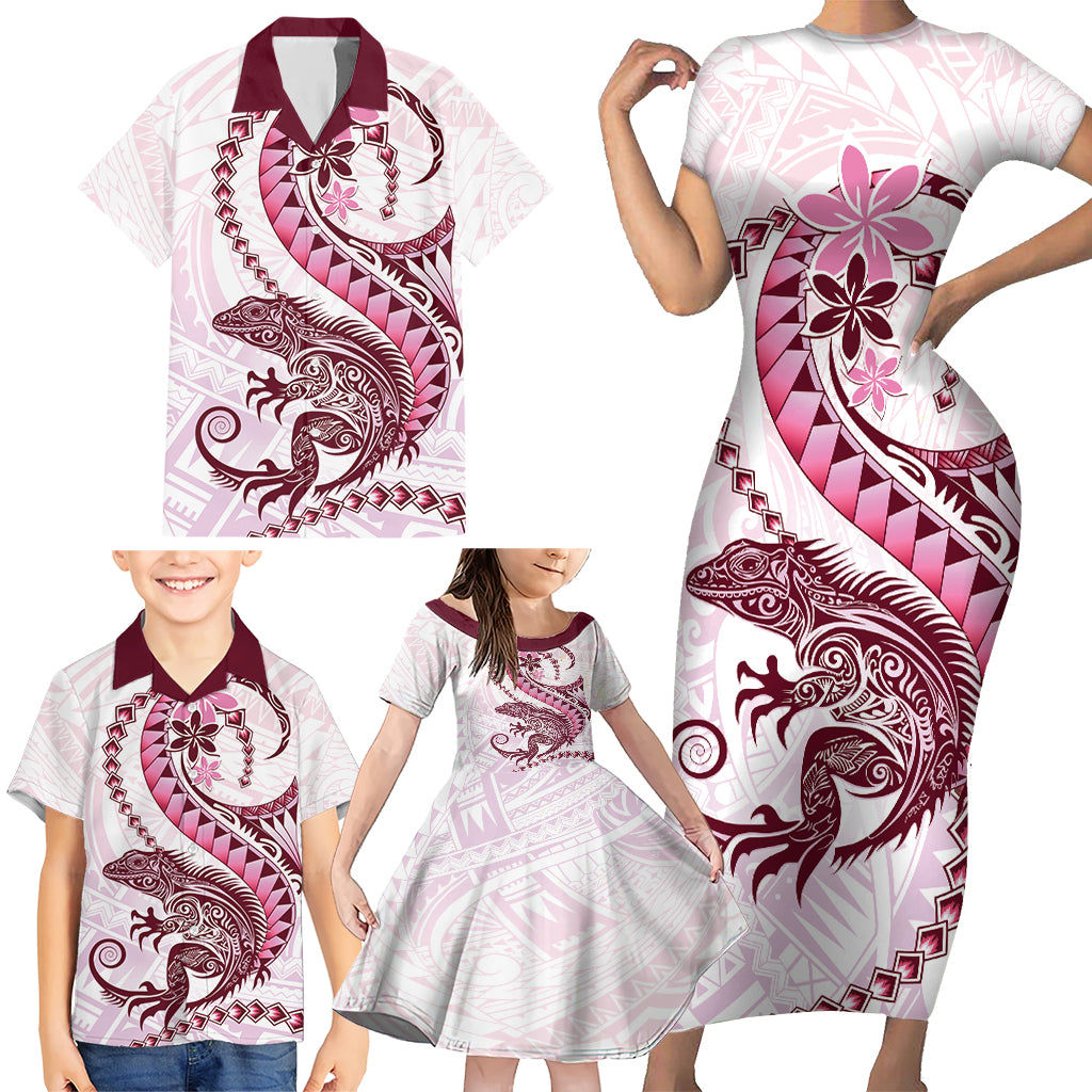 Pink Maori Tuatara Family Matching Short Sleeve Bodycon Dress and Hawaiian Shirt Luxury Pastel Pattern LT01 - Polynesian Pride