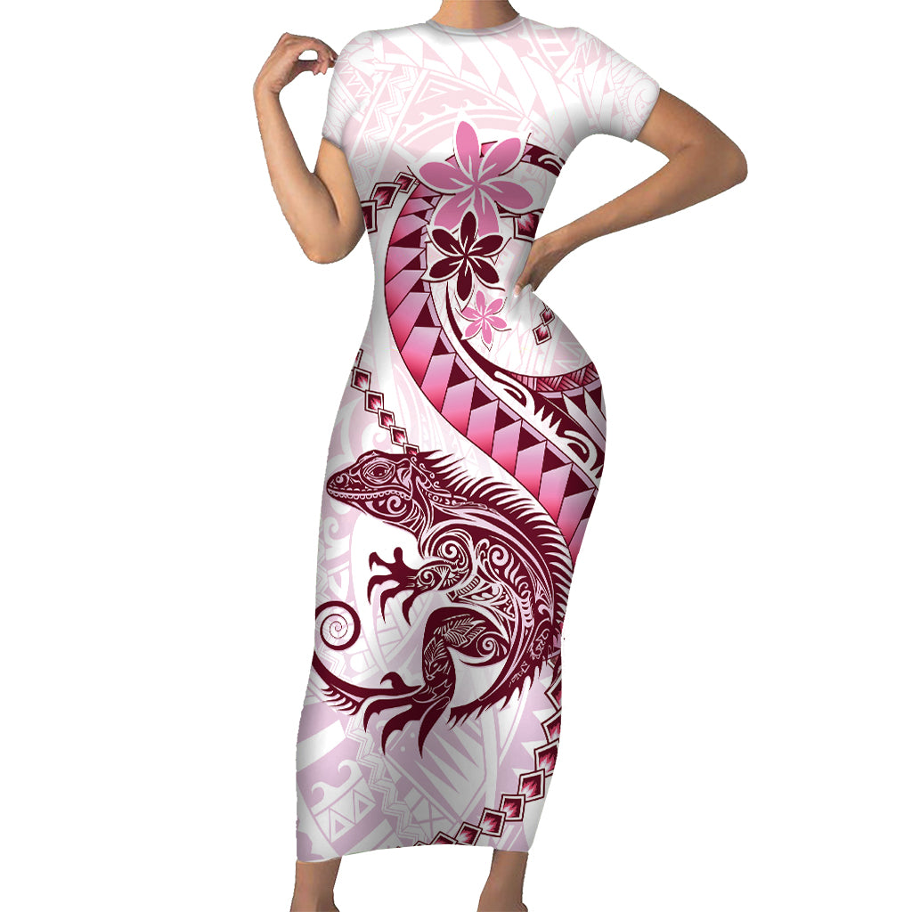 Pink Maori Tuatara Family Matching Short Sleeve Bodycon Dress and Hawaiian Shirt Luxury Pastel Pattern LT01 Mom's Dress Pink - Polynesian Pride