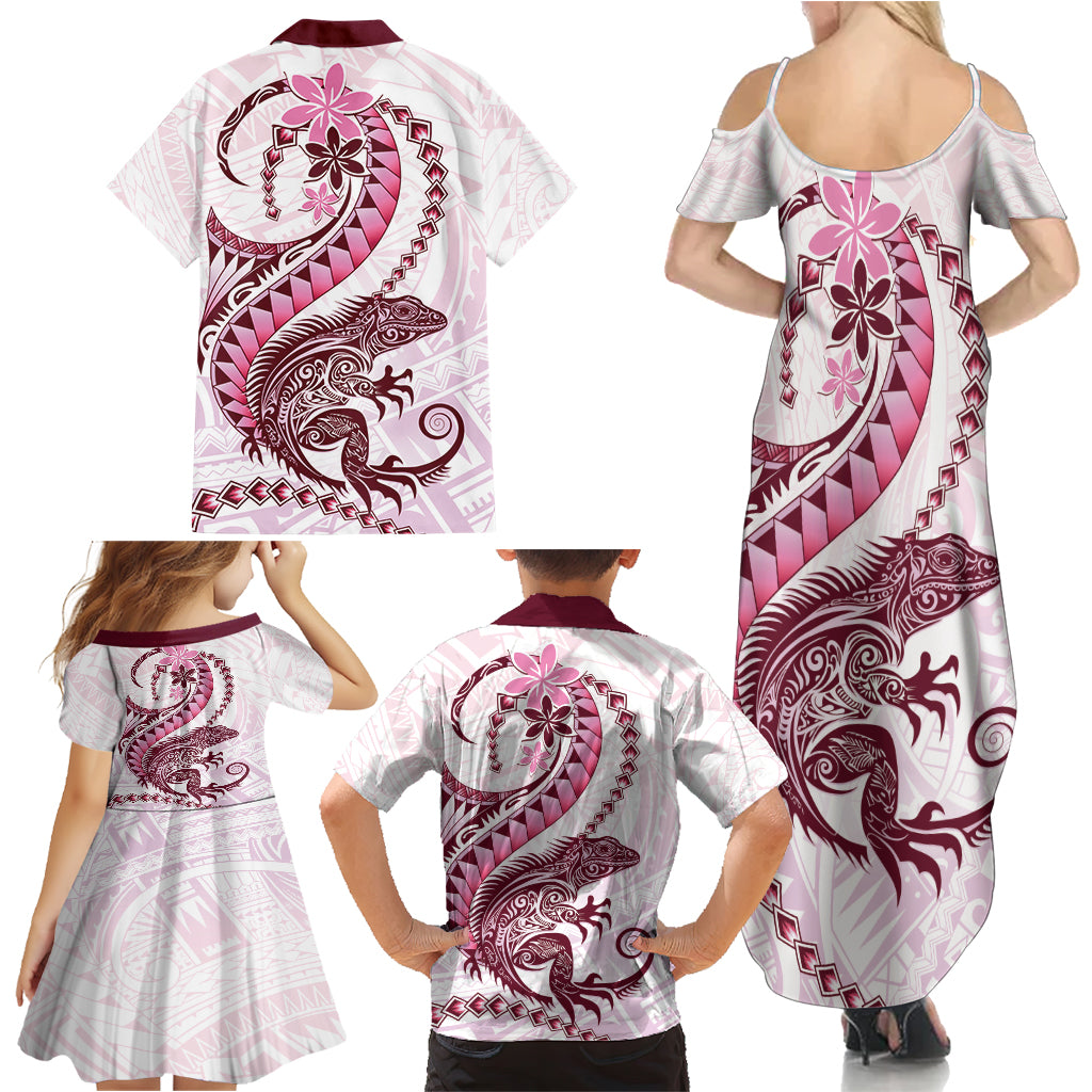 Pink Maori Tuatara Family Matching Summer Maxi Dress and Hawaiian Shirt Luxury Pastel Pattern LT01 - Polynesian Pride