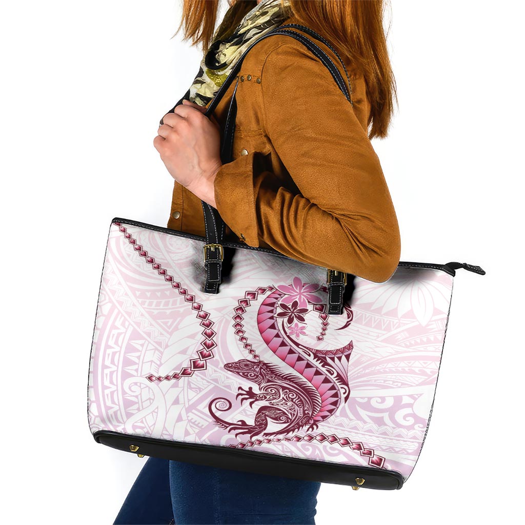 Pink Maori Tuatara Leather Tote Bag Luxury Pastel Pattern LT01 Pink - Polynesian Pride