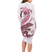 Pink Maori Tuatara Long Sleeve Bodycon Dress Luxury Pastel Pattern LT01 - Polynesian Pride