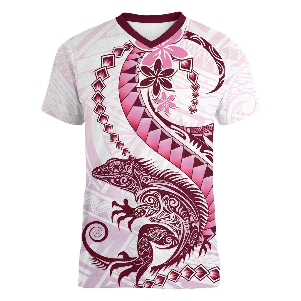 Pink Maori Tuatara Women V-Neck T-Shirt Luxury Pastel Pattern LT01 Female Pink - Polynesian Pride
