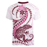 Pink Maori Tuatara Women V-Neck T-Shirt Luxury Pastel Pattern LT01 - Polynesian Pride