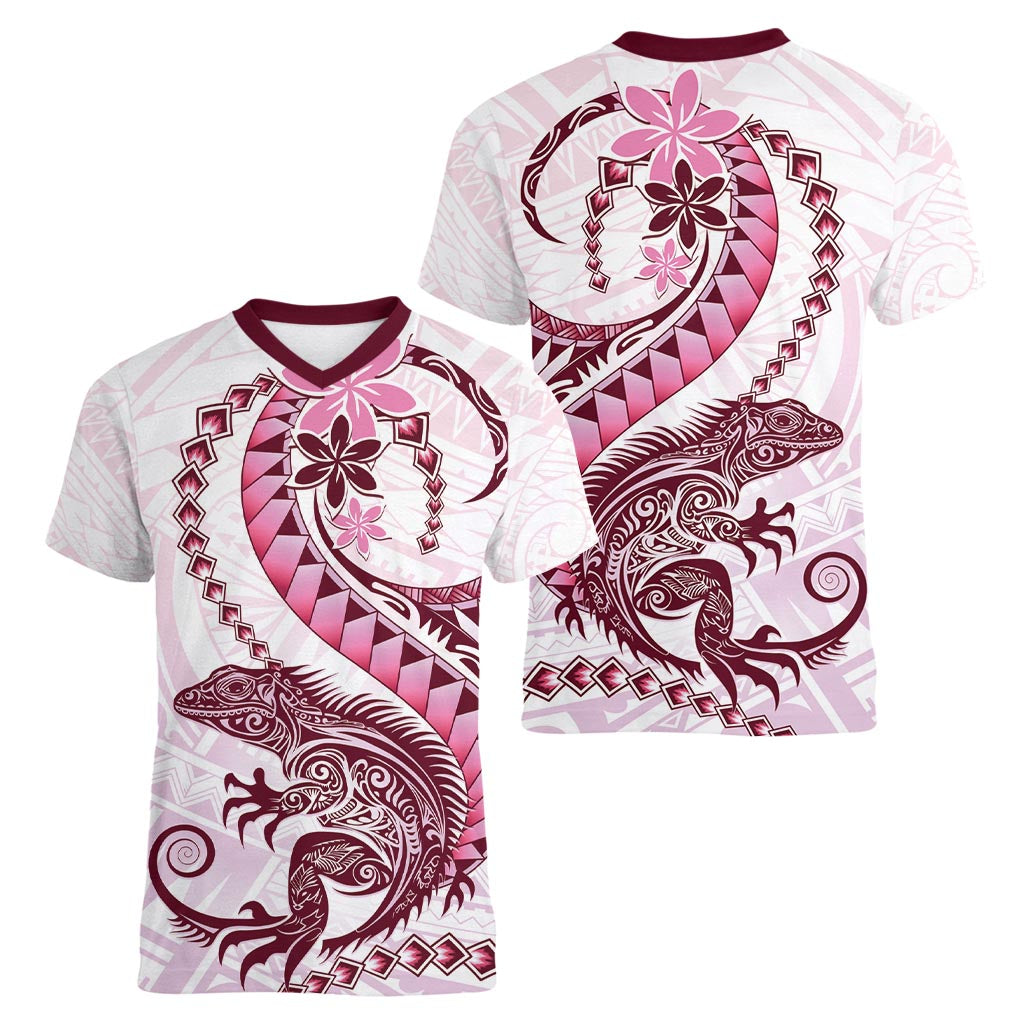 Pink Maori Tuatara Women V-Neck T-Shirt Luxury Pastel Pattern LT01 - Polynesian Pride