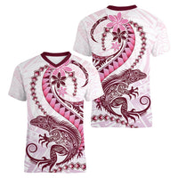 Pink Maori Tuatara Women V-Neck T-Shirt Luxury Pastel Pattern LT01 - Polynesian Pride