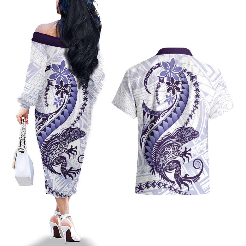 Purple Maori Tuatara Couples Matching Off The Shoulder Long Sleeve Dress and Hawaiian Shirt Luxury Pastel Pattern