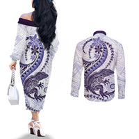 Purple Maori Tuatara Couples Matching Off The Shoulder Long Sleeve Dress and Long Sleeve Button Shirt Luxury Pastel Pattern