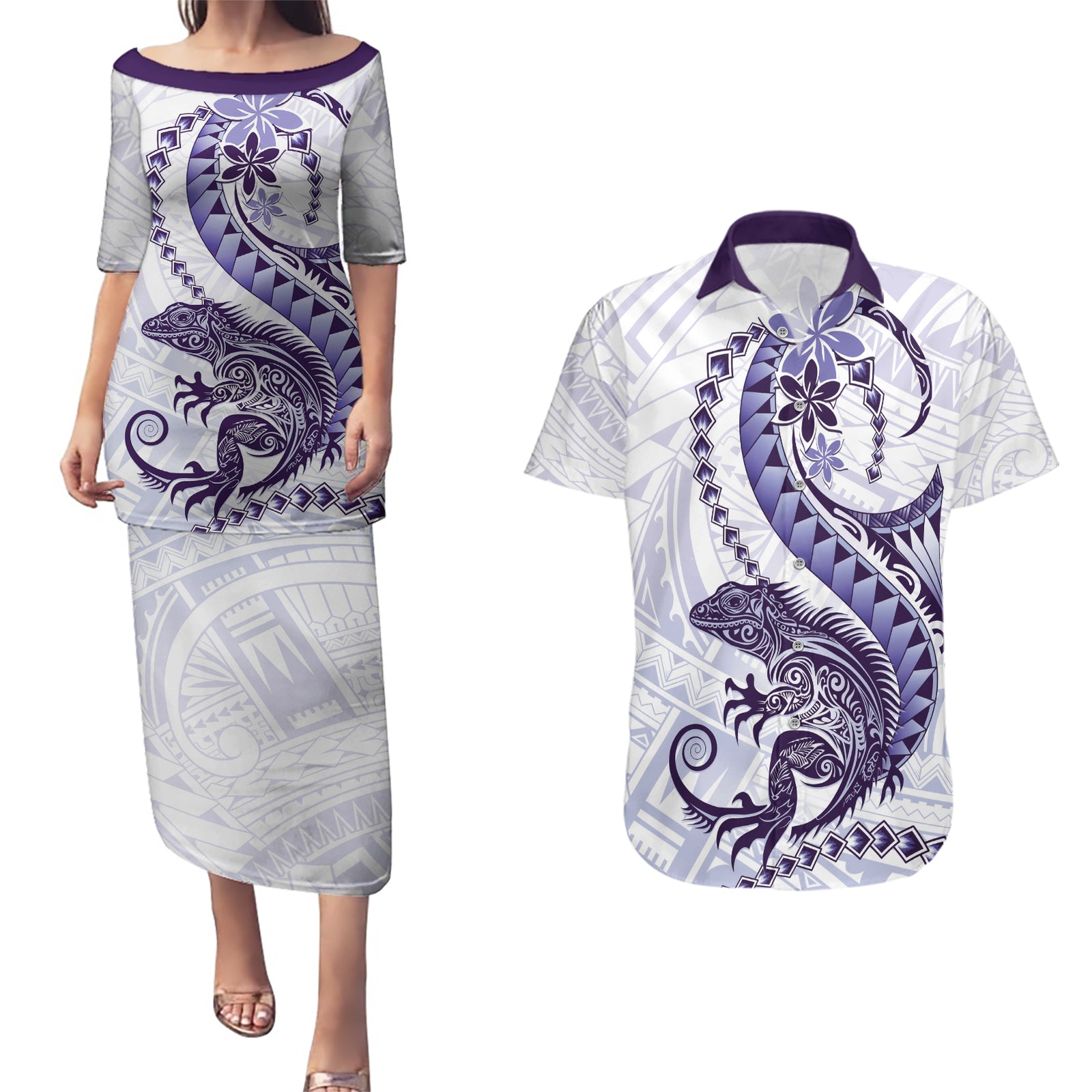 Purple Maori Tuatara Couples Matching Puletasi and Hawaiian Shirt Luxury Pastel Pattern