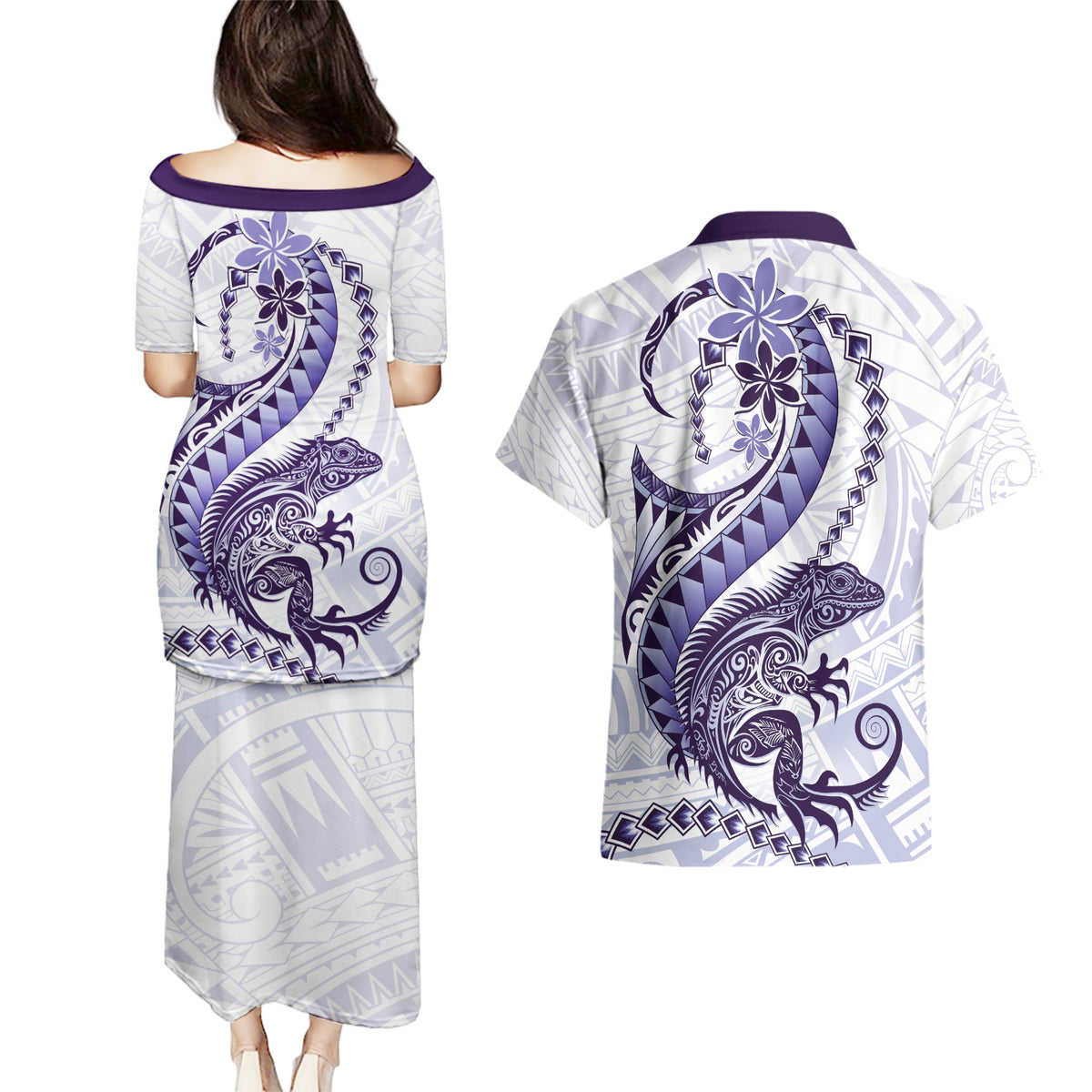 Purple Maori Tuatara Couples Matching Puletasi and Hawaiian Shirt Luxury Pastel Pattern