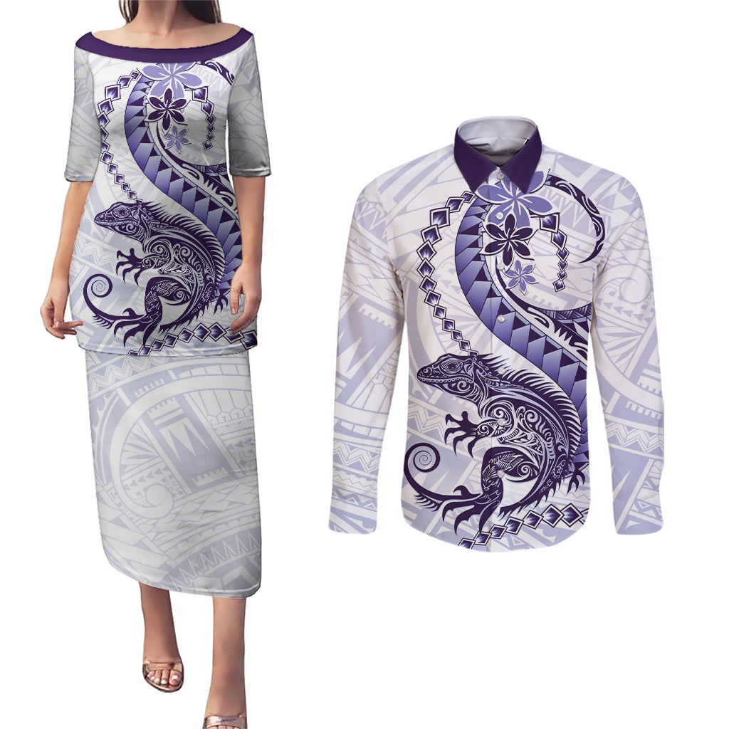 Purple Maori Tuatara Couples Matching Puletasi and Long Sleeve Button Shirt Luxury Pastel Pattern