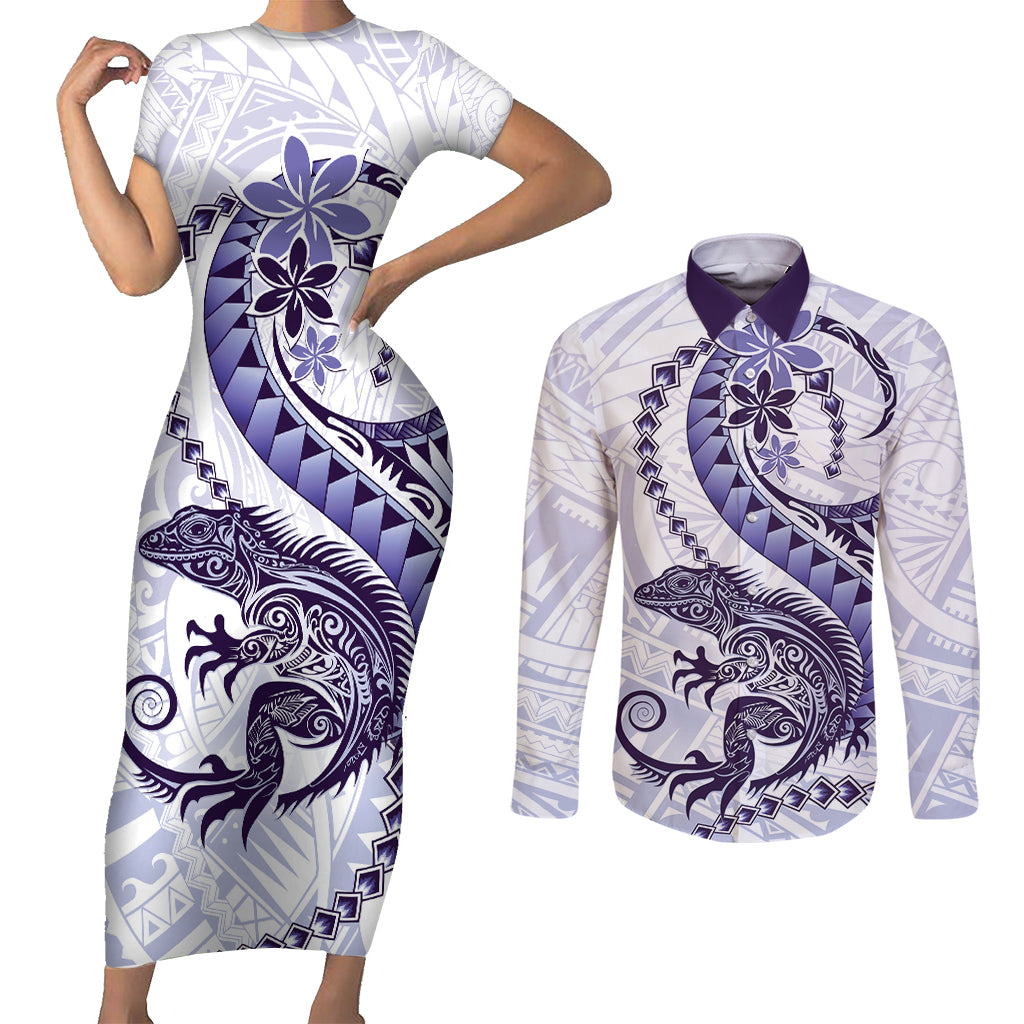 Purple Maori Tuatara Couples Matching Short Sleeve Bodycon Dress and Long Sleeve Button Shirt Luxury Pastel Pattern