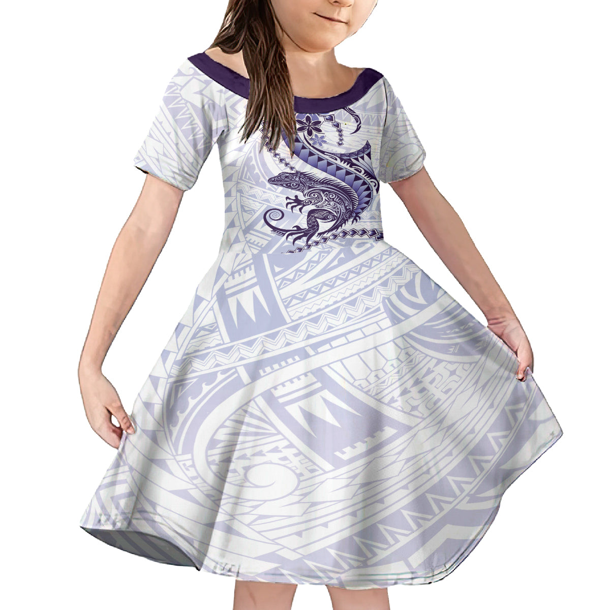 Purple Maori Tuatara Family Matching Puletasi and Hawaiian Shirt Luxury Pastel Pattern LT01 Daughter's Dress Purple - Polynesian Pride